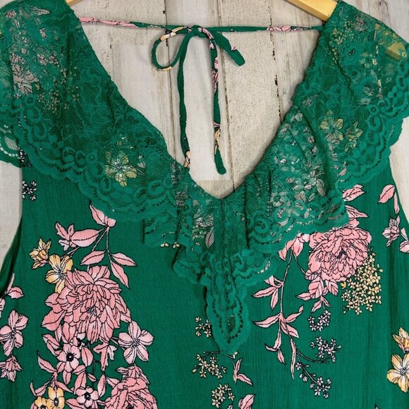 Torrid Gauze Floral Green Smocked Waist Lace Trim Sleeveless Maxi Dress Size 3 - Picture 5 of 10
